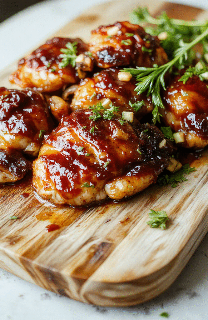Glossy, caramelized sticky brown sugar garlic chicken pieces on a white ceramic plate, glistening with glaze, charred edges, fresh green scallions and sesame seeds sprinkled on top, served alongside lightly charred broccoli florets and steamed jasmine rice in the background.
