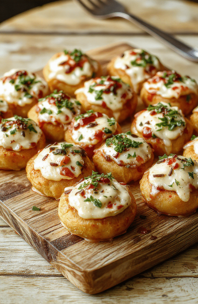 Vibrant spread of colorful Super Bowl appetizers: golden chicken wings glistening with spicy glaze, creamyLoaded dip in a rustic ceramic bowl topped with melted cheese and green onions, crispy veggie strips, and mini sliders on soft buns, arranged on a warm wooden board with fresh herbs scattered around.
