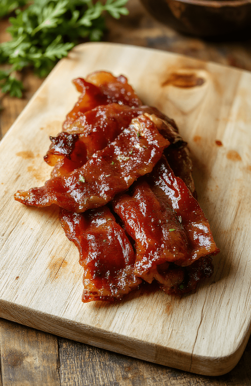 Glistening sticky-sweet bacon-wrapped mini hot dogs on a white ceramic platter, with glossy maple glaze drips and crispy browned bacon edges, garnished with cracked black pepper and fresh parsley, on a rustic wooden cutting board with soft natural lighting and shallow depth of field.