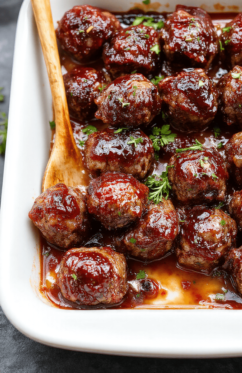 Glossy, sticky grape jelly-coated meatballs glistening under natural light, arranged on a white ceramic platter with a light dusting of chopped parsley and a lemon wedge at the side, showing rich brown sear on outside and soft interior texture.