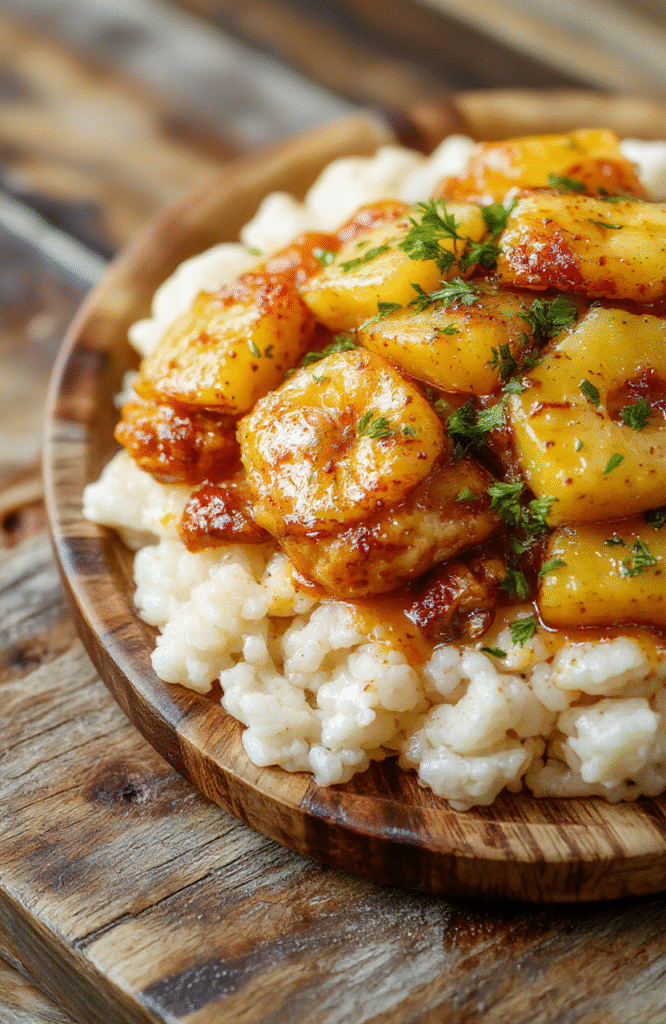 Golden-brown pineapple chicken pieces with charred edges, nestled over fluffy white rice, garnished with fresh pineapple chunks and chopped green onions, served on a rustic wooden board with a side of steamed broccoli and a drizzle of glossy sauce.
