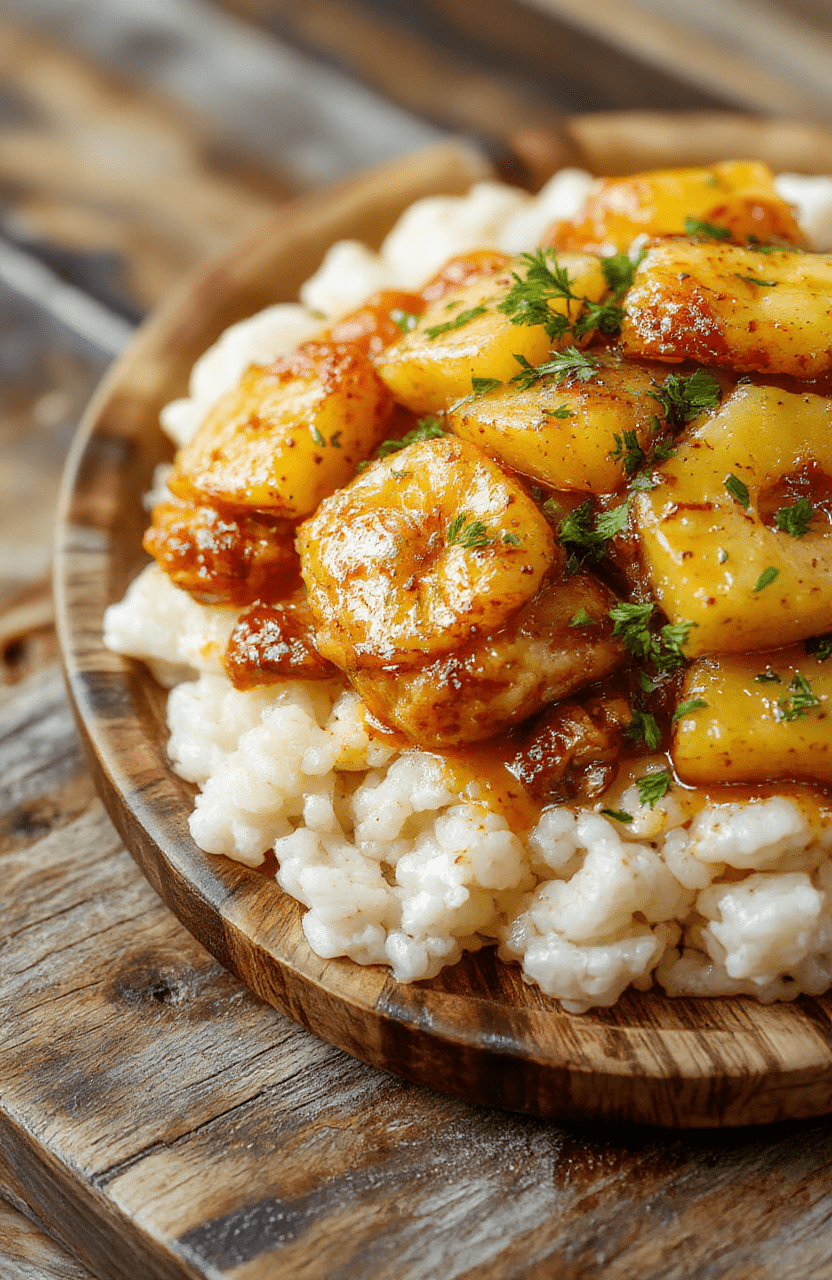 Golden-brown pineapple chicken pieces with charred edges, nestled over fluffy white rice, garnished with fresh pineapple chunks and chopped green onions, served on a rustic wooden board with a side of steamed broccoli and a drizzle of glossy sauce.
