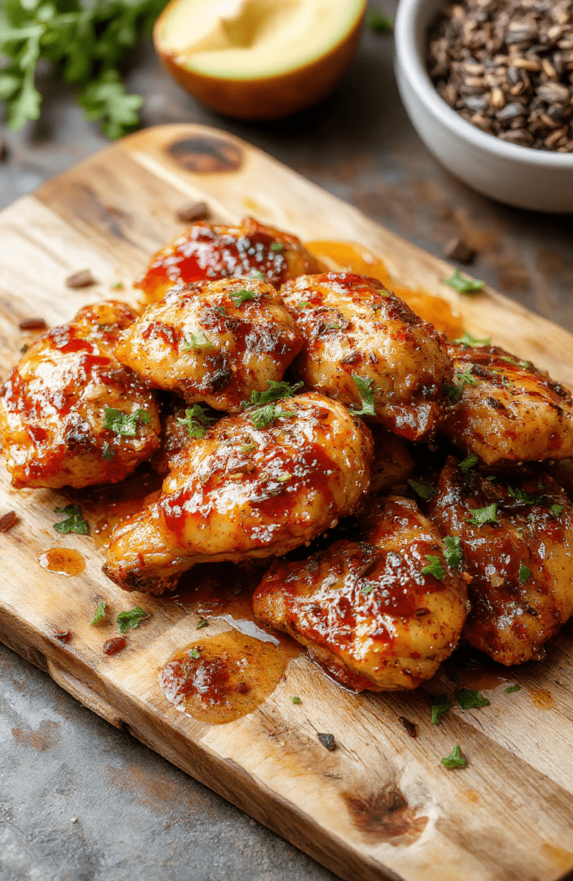 Glossy golden-brown honey pepper chicken pieces glistening with sticky sweet-spicy glaze, nestled on a bed of fluffy white rice, garnished with sesame seeds and sliced green onions, against a rustic wooden cutting board with charred edges.
