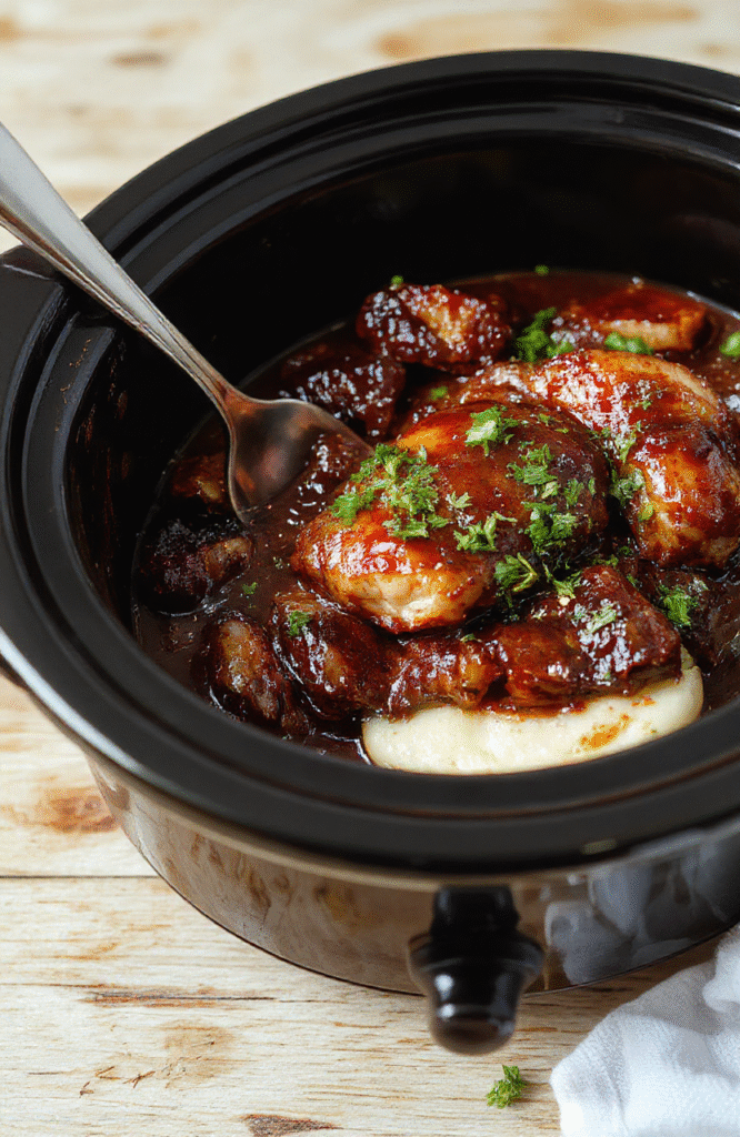 Golden-brown tender chicken thighs glazed with glossy thick bourbon sauce, garnished with sesame seeds and sliced green onions, served over steamed white rice in a rustic ceramic bowl on a light oak wooden table, with steam rising and soft natural daylight highlighting the sticky sheen and texture.
