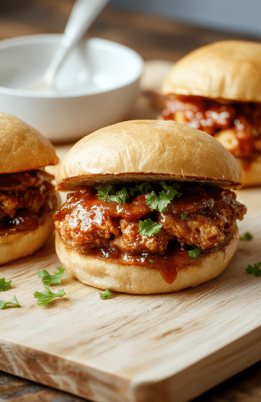 Golden-brown, glistening BBQ pulled chicken piled high on a soft toasted brioche bun with coleslaw scattered on top and a side of potato chips, all on a rustic wooden board with smoky grill marks and a drizzle of sauce.