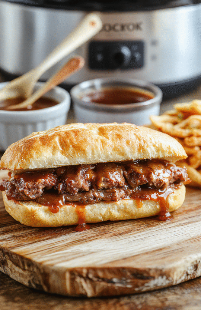 Two golden-brown French roll sandwiches stacked on a rustic wooden board, oozing with melted Swiss cheese and tender slow-cooked roast beef, surrounded by a small cast-iron pot of rich, glossy au Jus and pickles on the side, garnished with fresh thyme in natural daylight.