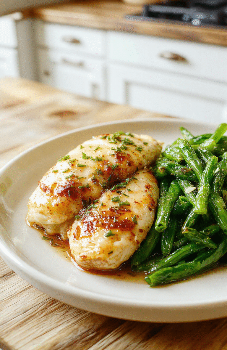 Golden-brown garlic butter chicken pieces resting on a rustic ceramic plate alongside vibrant blanched green beans, glistening with rich golden sauce, garnished with fresh parsley and cracked black pepper, natural light, shallow depth of field, soft shadows