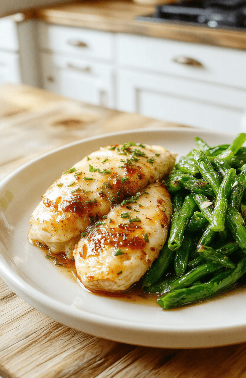 Golden-brown garlic butter chicken pieces resting on a rustic ceramic plate alongside vibrant blanched green beans, glistening with rich golden sauce, garnished with fresh parsley and cracked black pepper, natural light, shallow depth of field, soft shadows