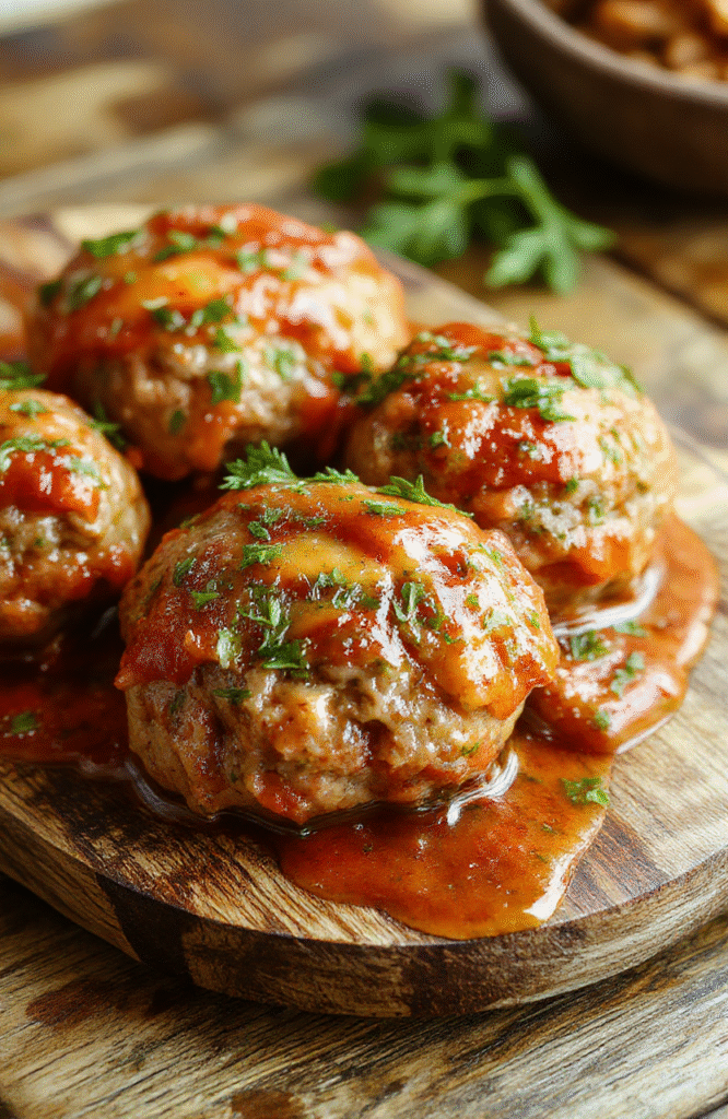 Plump, golden-brown Italian meatballs glistening with olive oil, nestled in a cast-iron skillet with rich, bubbling red tomato sauce, fresh basil leaves, and a sprinkle of grated Parmesan, surrounded by coarse sea salt, cracked black pepper, and fresh parsley on a rustic wooden board.