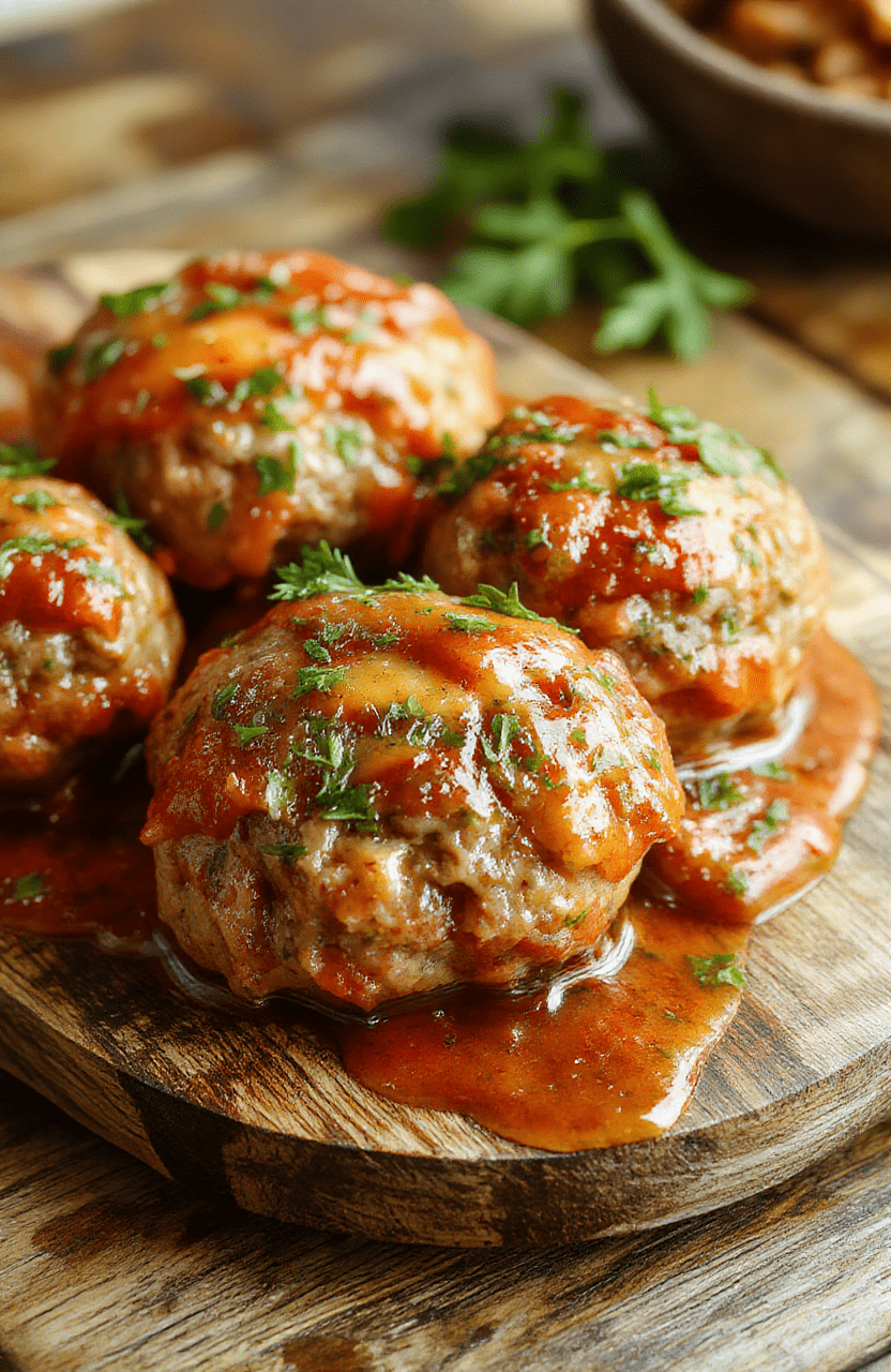 Plump, golden-brown Italian meatballs glistening with olive oil, nestled in a cast-iron skillet with rich, bubbling red tomato sauce, fresh basil leaves, and a sprinkle of grated Parmesan, surrounded by coarse sea salt, cracked black pepper, and fresh parsley on a rustic wooden board.