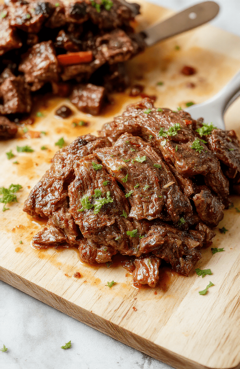 A rustic ceramic slow cooker on a wooden countertop filled with tender, fall-apart beef pot roast, glistening golden-brown gravy, soft sweet potato chunks, caramelized carrots, and creamy herb potatoes, garnished with fresh parsley