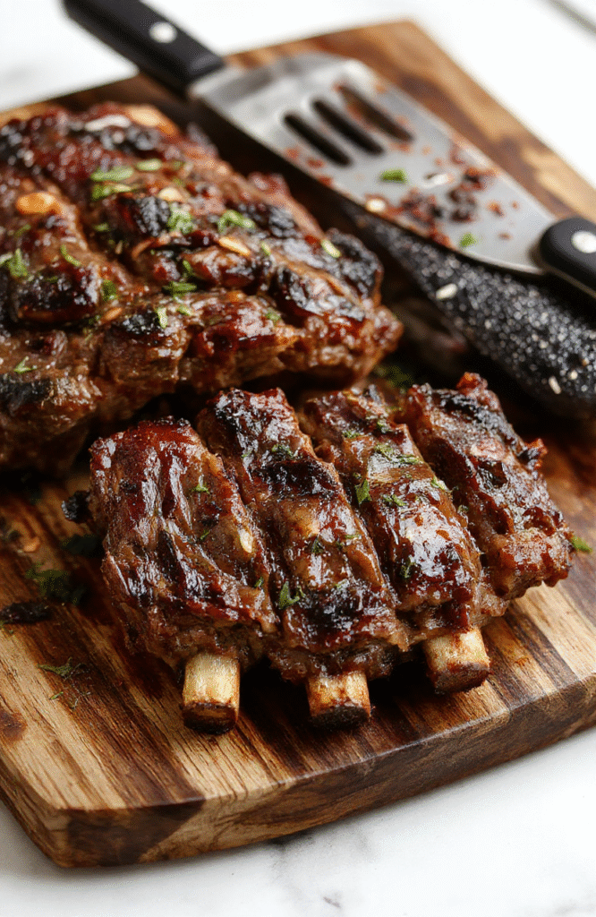Glossy, fall-off-the-bone beef short ribs nestled in a rich brown sauce with caramelized edges, garnished with fresh parsley and served atop creamy mashed potatoes, with subtle steam rising — rustic wooden board background, natural daylight, shallow depth of field.