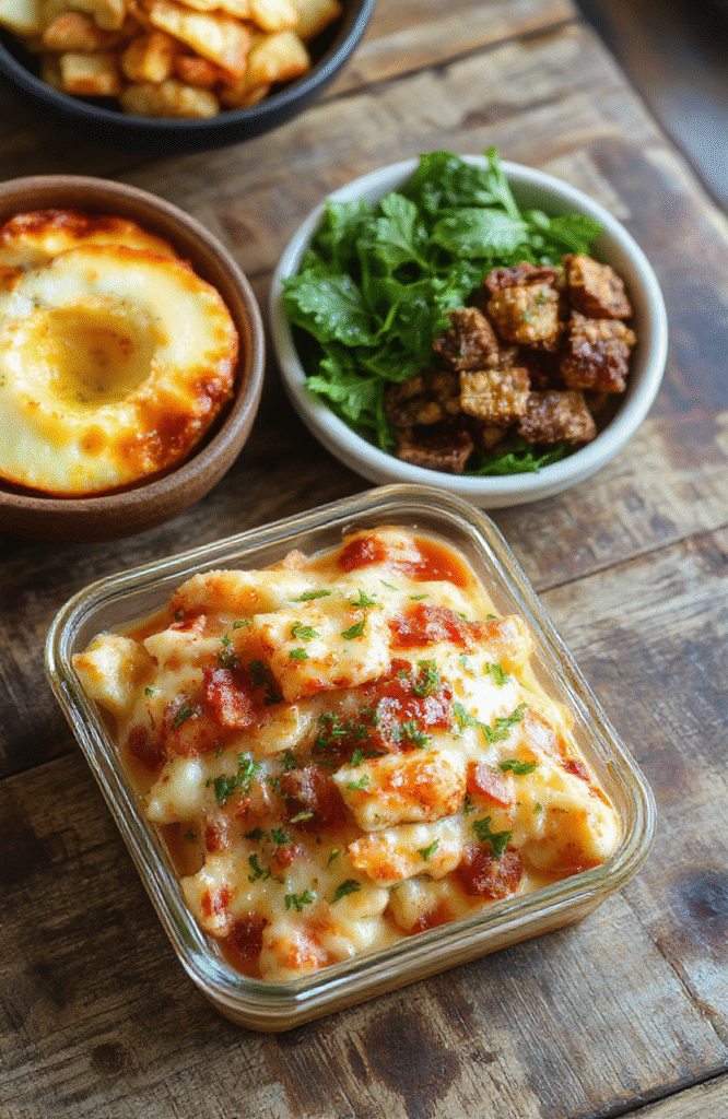 Overhead photo of four meal-prep containers on a rustic wooden cutting board: each contains colorful portions of savory brown rice, shredded chicken, roasted carrots and broccoli, and a dollop of creamy mashed sweet potatoes, garnished with fresh parsley. Natural light, soft shadows, casual amateur style.