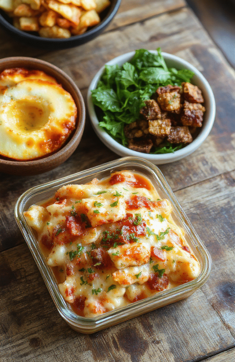 Overhead photo of four meal-prep containers on a rustic wooden cutting board: each contains colorful portions of savory brown rice, shredded chicken, roasted carrots and broccoli, and a dollop of creamy mashed sweet potatoes, garnished with fresh parsley. Natural light, soft shadows, casual amateur style.