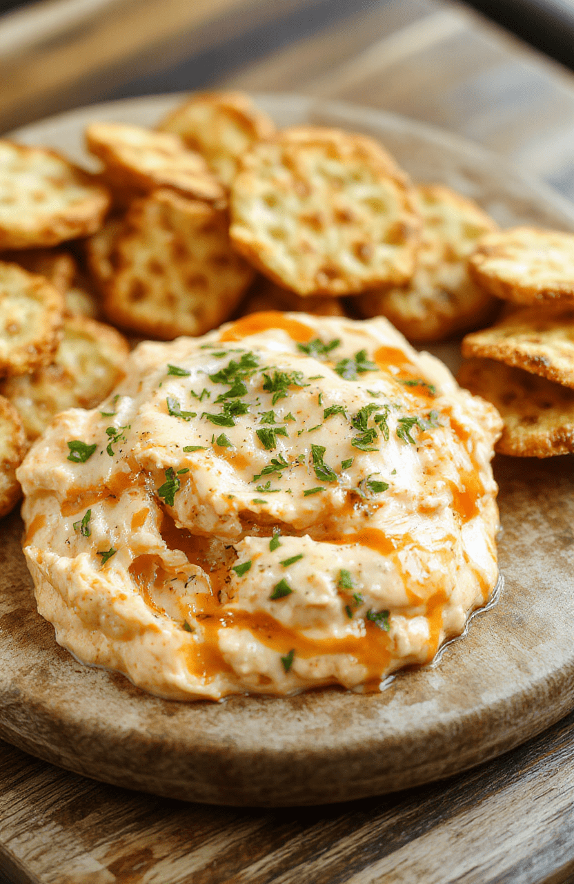 A rustic ceramic bowl filled with creamy, bubbling buffalo chicken dip, topped with crumbled blue cheese and chopped green onions, served with tortilla chips and celery sticks on a wooden board in natural daylight.