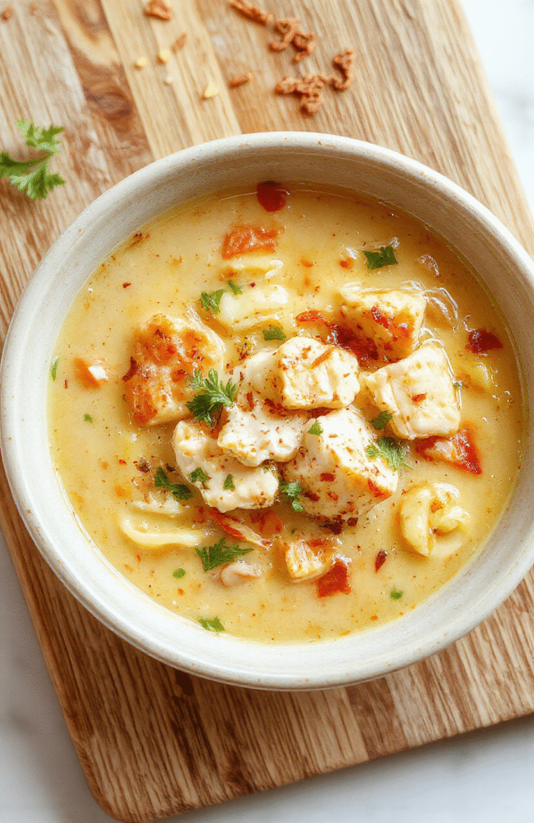 A steaming bowl of creamy chicken noodle soup with tender chicken, golden egg noodles, crunchy celery, and sweet carrots, garnished with fresh parsley, placed on a rustic wooden table with soft natural light and shallow depth of field.