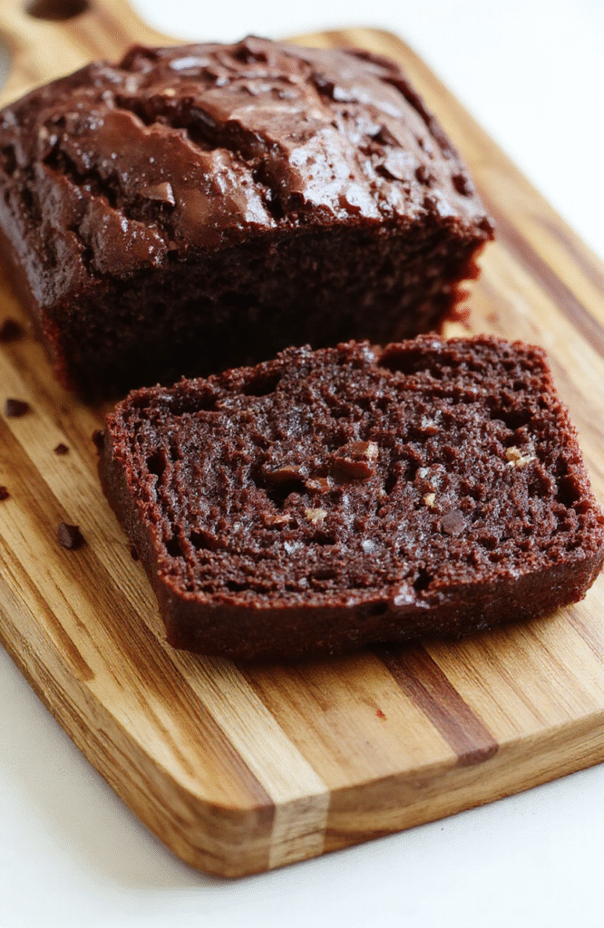 A freshly sliced loaf of chocolate banana bread with a glistening dark chocolate swirl, moist crumb texture, and visible banana pieces, placed on a rustic wooden cutting board with a dusting of powdered sugar and a few mini chocolate chips scattered nearby.