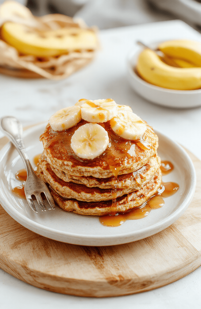 Stack of fluffy banana oatmeal pancakes on a white plate with banana slices, a drizzle of honey, oats visible in the stack, on a rustic wooden table with soft morning light.