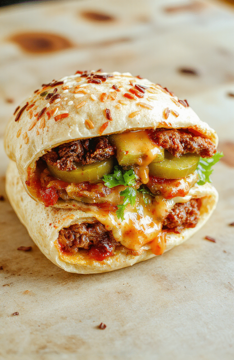 Three Big Mac Wraps on a light wooden board show cross-section reveals juicy beef, melted cheddar, shredded lettuce, pickles, and Big Mac sauce inside sesame-topped tortillas. The plate is garnished with a few pickle slices and a light drizzle of sauce for a glossy, crave-worthy look.