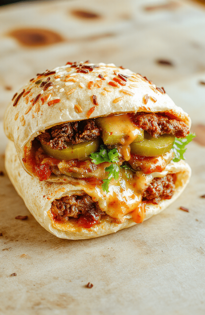 Three Big Mac Wraps on a light wooden board show cross-section reveals juicy beef, melted cheddar, shredded lettuce, pickles, and Big Mac sauce inside sesame-topped tortillas. The plate is garnished with a few pickle slices and a light drizzle of sauce for a glossy, crave-worthy look.