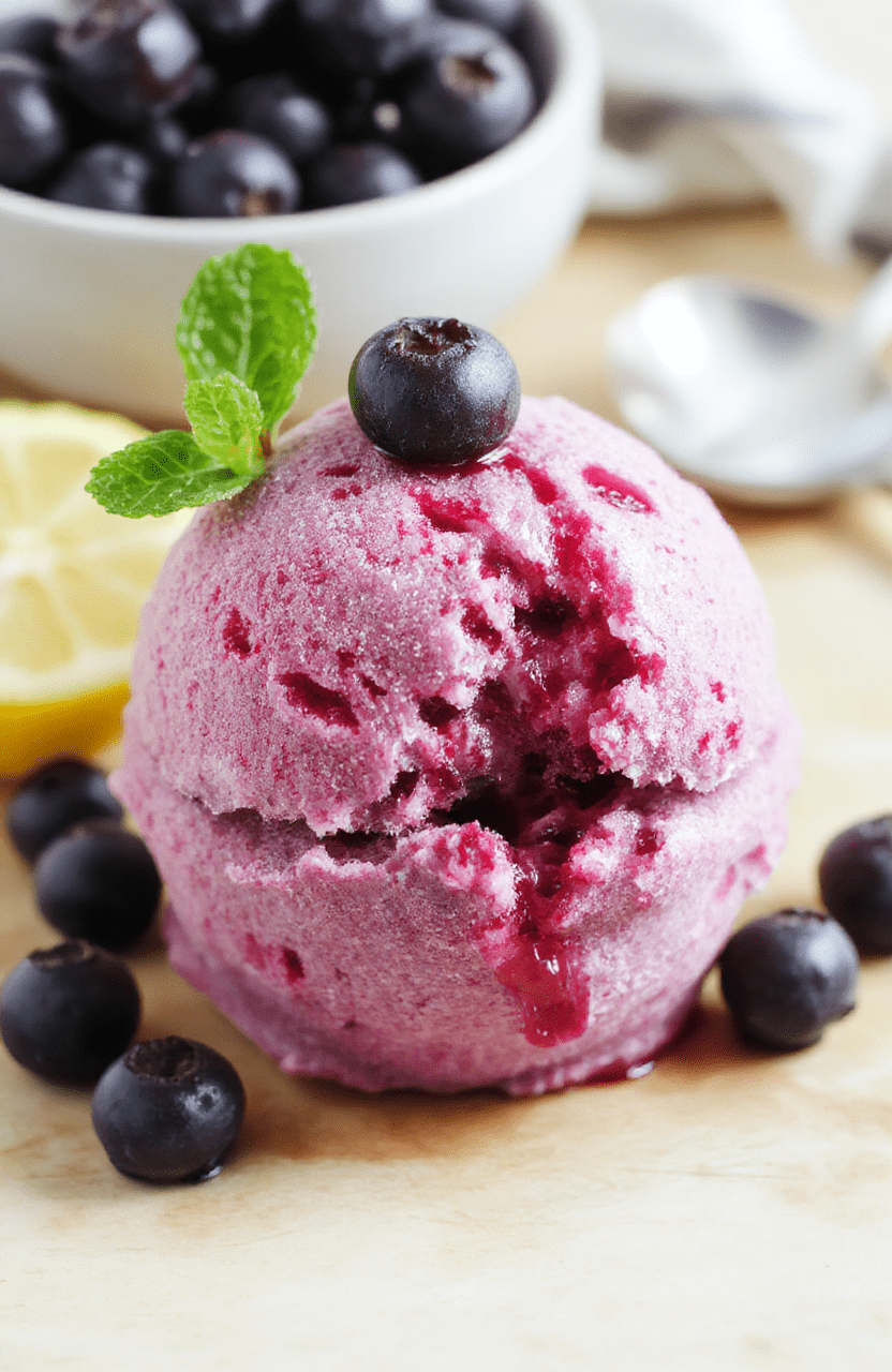 A glossy scoop of bright blueberry lemon sorbet sits in a clear glass dessert cup, flecked with lemon zest. The sorbet is vibrant bluish-purple, surrounded by a few fresh blueberries and a thin lemon slice. The plate rests on a light wooden board, with condensation on the glass and a soft, sunlit background. The texture looks silky with a slight shine, and the presentation is clean and refreshing.