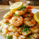 A sizzling skillet of buttery garlic shrimp poured over fluffy rice, garnished with chopped parsley and lemon wedges on a warm, light-wood table; glossy butter sauce coats plump shrimp and tender grains of rice.