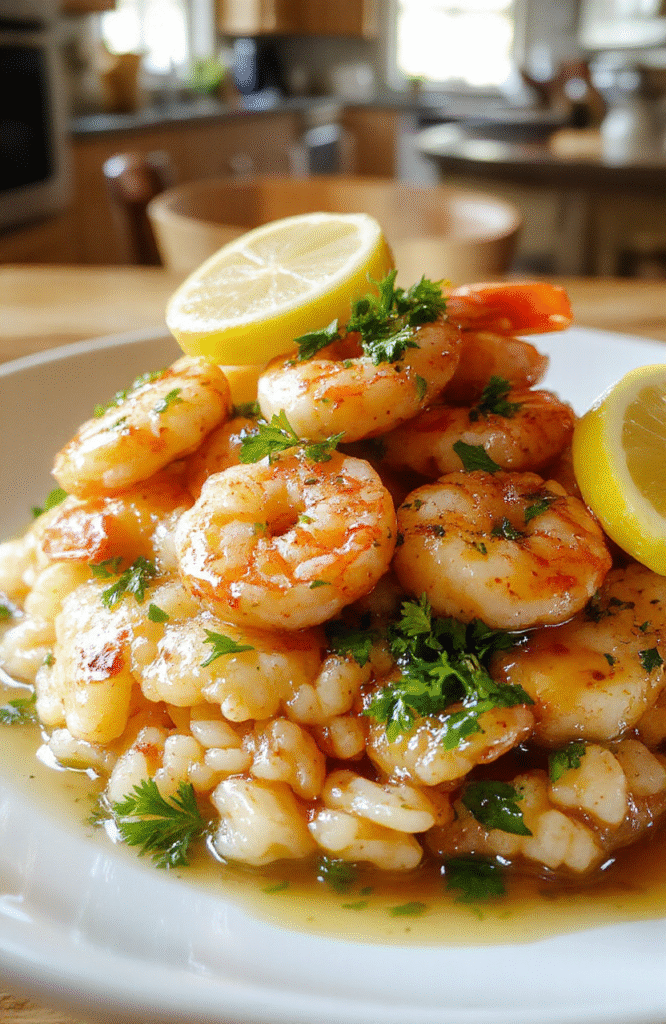 A sizzling skillet of buttery garlic shrimp poured over fluffy rice, garnished with chopped parsley and lemon wedges on a warm, light-wood table; glossy butter sauce coats plump shrimp and tender grains of rice.
