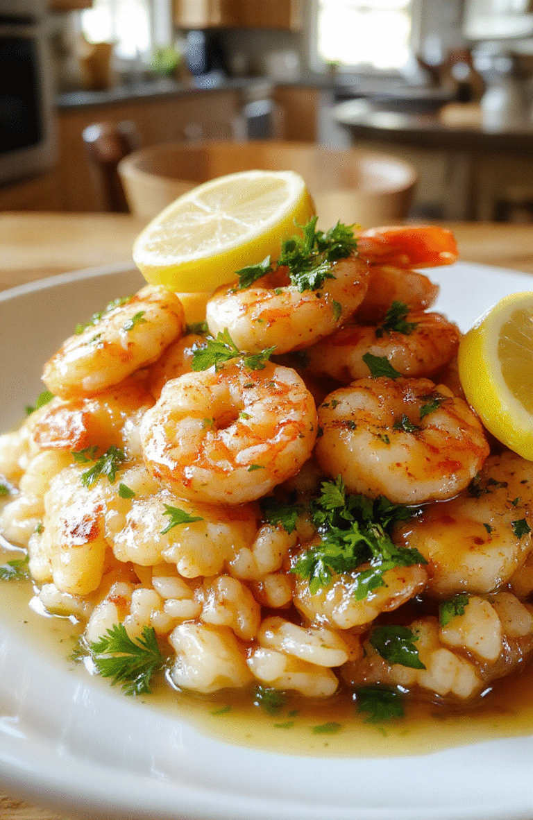 A sizzling skillet of buttery garlic shrimp poured over fluffy rice, garnished with chopped parsley and lemon wedges on a warm, light-wood table; glossy butter sauce coats plump shrimp and tender grains of rice.