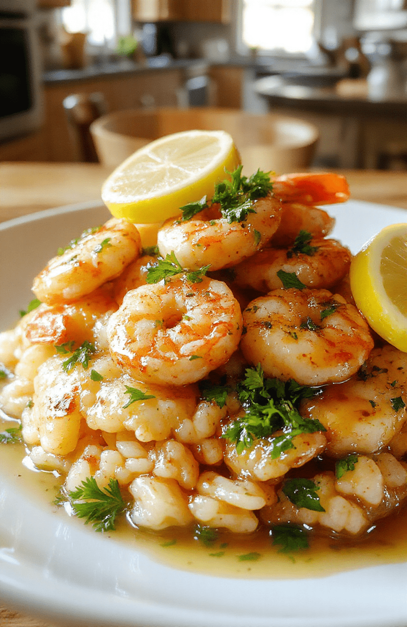 A sizzling skillet of buttery garlic shrimp poured over fluffy rice, garnished with chopped parsley and lemon wedges on a warm, light-wood table; glossy butter sauce coats plump shrimp and tender grains of rice.