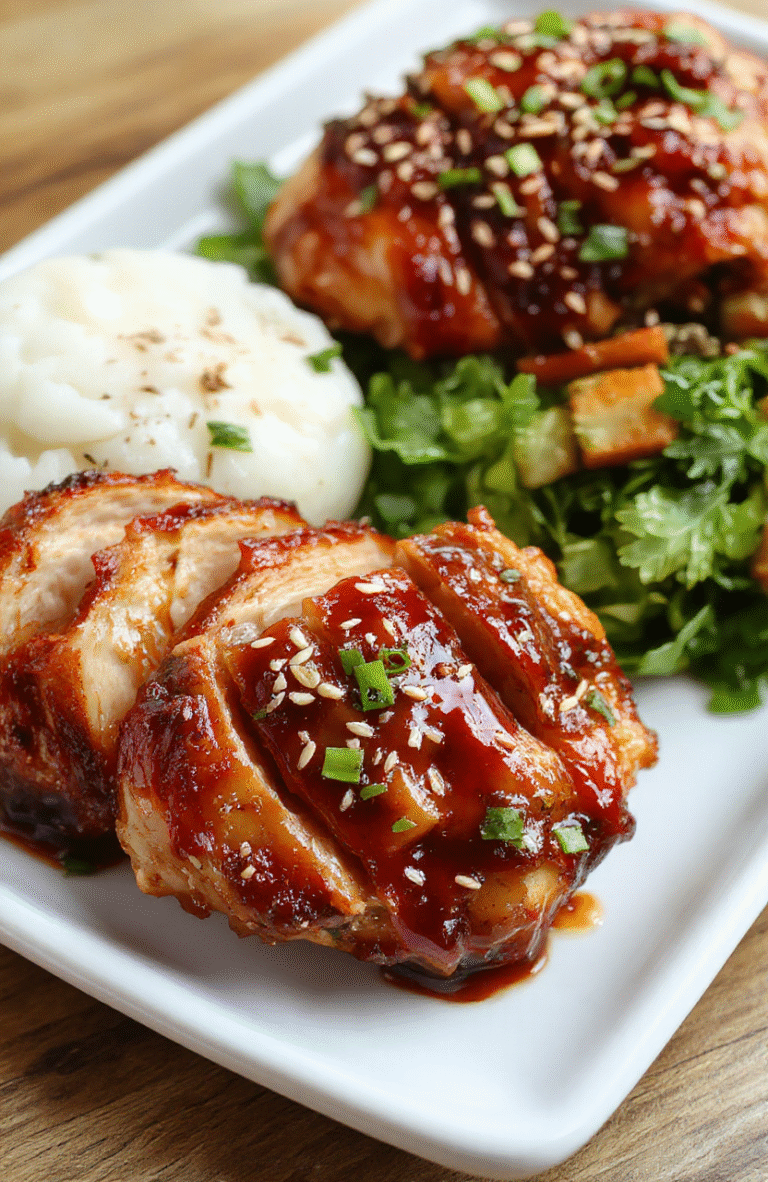 Glossy Char Siu Chicken glazed in a deep red lacquer, sliced to reveal juicy interior, sesame seeds and chopped scallions sprinkled on top, plated on a white dish with jasmine rice and crisp greens, set on a warm wooden board with subtle grill marks.