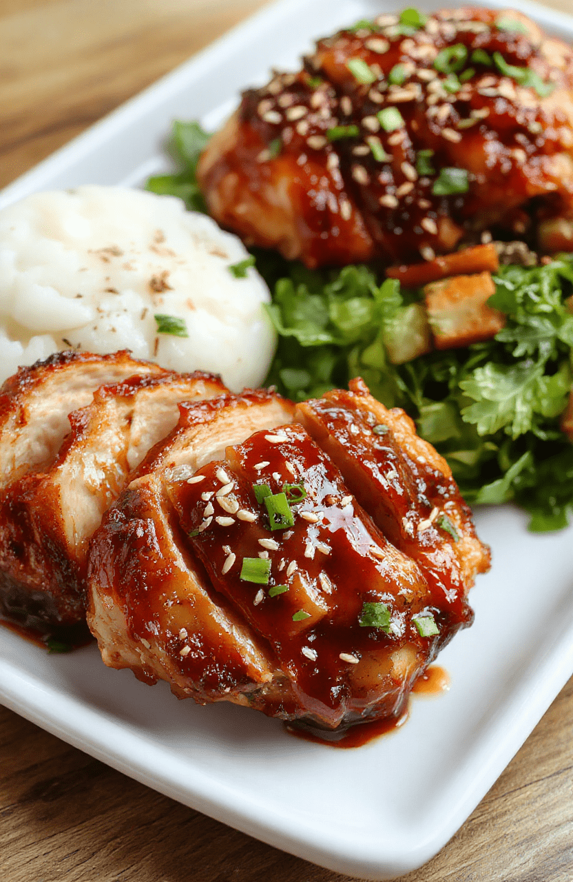 Glossy Char Siu Chicken glazed in a deep red lacquer, sliced to reveal juicy interior, sesame seeds and chopped scallions sprinkled on top, plated on a white dish with jasmine rice and crisp greens, set on a warm wooden board with subtle grill marks.