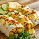 A plate of golden, folded cheesy potato burritos sits on a rustic wooden board, with soft steam, melted cheddar oozing from the edges, flecks of green onion, a dollop of sour cream on the side, and a bright salsa accent; the dish is plated simply with a sprinkle of paprika and chopped cilantro for a cozy, homey look.
