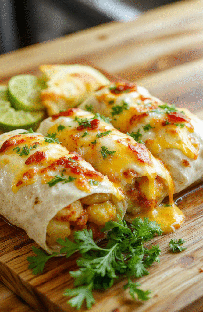 A plate of golden, folded cheesy potato burritos sits on a rustic wooden board, with soft steam, melted cheddar oozing from the edges, flecks of green onion, a dollop of sour cream on the side, and a bright salsa accent; the dish is plated simply with a sprinkle of paprika and chopped cilantro for a cozy, homey look.