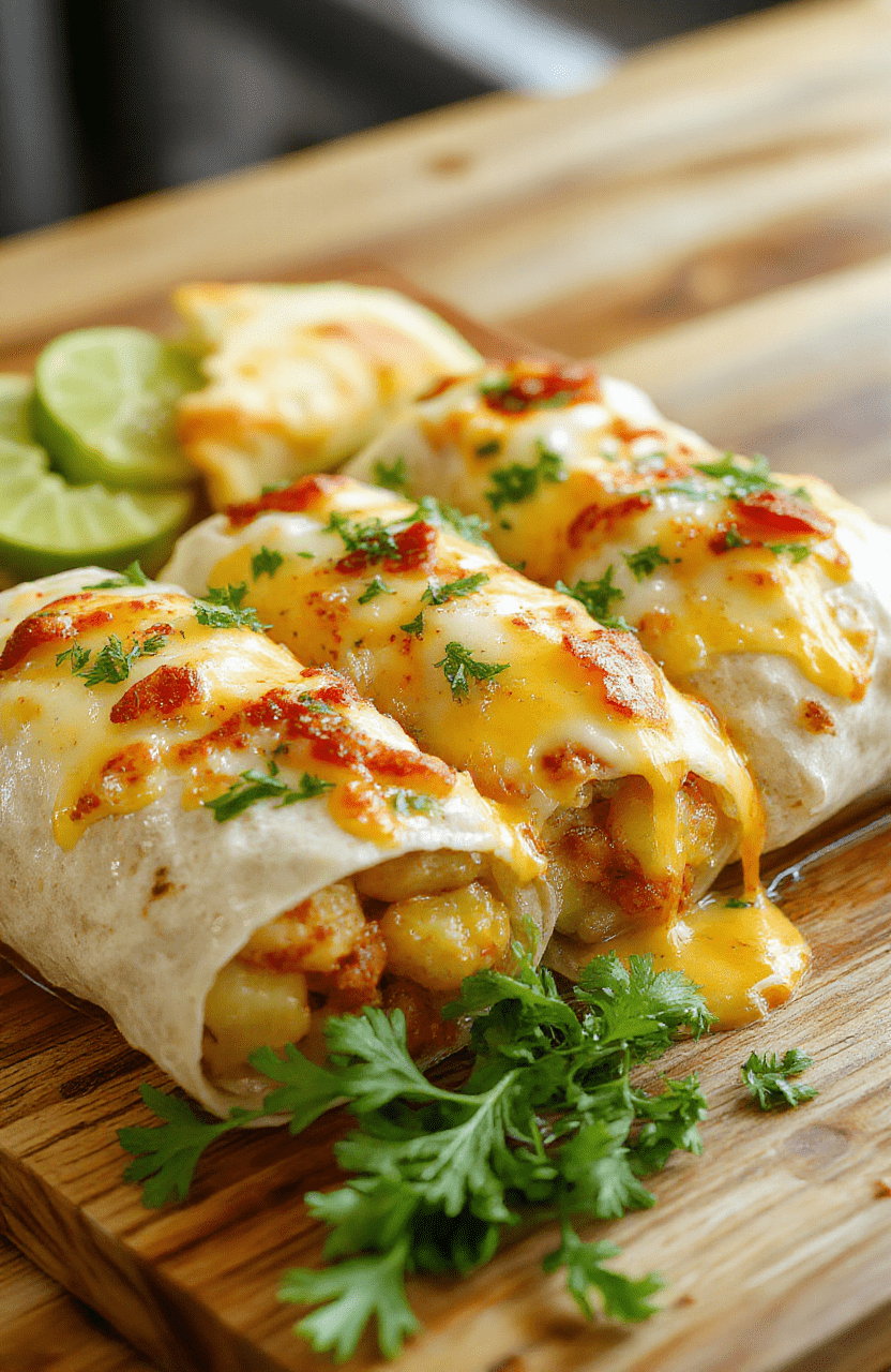 A plate of golden, folded cheesy potato burritos sits on a rustic wooden board, with soft steam, melted cheddar oozing from the edges, flecks of green onion, a dollop of sour cream on the side, and a bright salsa accent; the dish is plated simply with a sprinkle of paprika and chopped cilantro for a cozy, homey look.