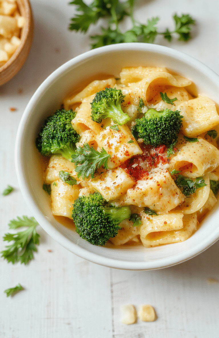 A bowl of Creamy Broccoli Cheese Pasta with broccoli florets, melted cheddar sauce, and parmesan shavings on a light wooden table; the pasta is al dente and coated with creamy sauce, pepper specks visible, fresh parsley garnish.