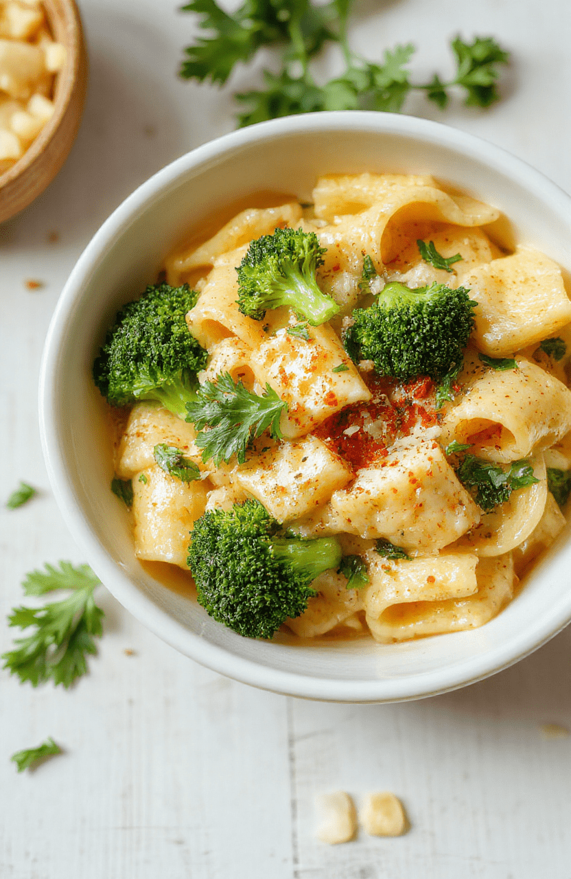 A bowl of Creamy Broccoli Cheese Pasta with broccoli florets, melted cheddar sauce, and parmesan shavings on a light wooden table; the pasta is al dente and coated with creamy sauce, pepper specks visible, fresh parsley garnish.
