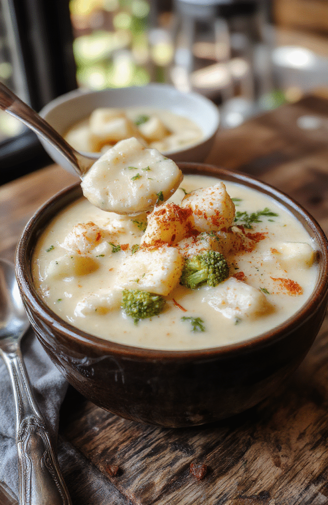 A steaming bowl of creamy broccoli potato cheese soup with vibrant green broccoli, pale yellow potatoes, and melted cheddar on top. The soup is thick and glossy, served in a rustic white bowl with a swirl of cream and a sprinkle of chopped herbs, resting on a wooden table with soft, warm lighting for a cozy, comforting vibe.