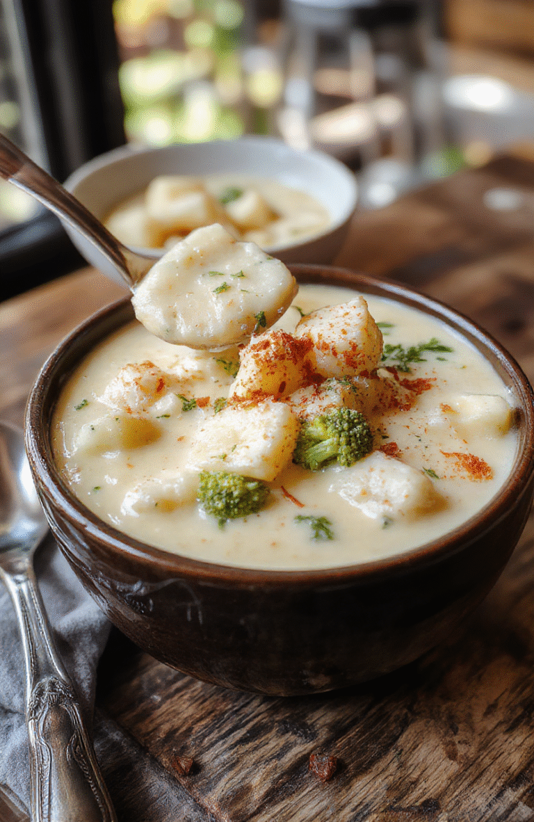 A steaming bowl of creamy broccoli potato cheese soup with vibrant green broccoli, pale yellow potatoes, and melted cheddar on top. The soup is thick and glossy, served in a rustic white bowl with a swirl of cream and a sprinkle of chopped herbs, resting on a wooden table with soft, warm lighting for a cozy, comforting vibe.