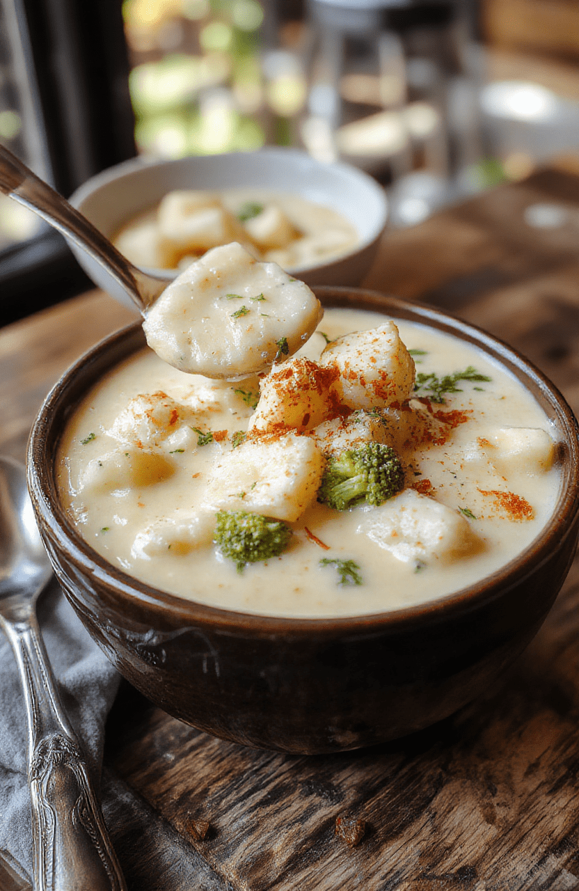A steaming bowl of creamy broccoli potato cheese soup with vibrant green broccoli, pale yellow potatoes, and melted cheddar on top. The soup is thick and glossy, served in a rustic white bowl with a swirl of cream and a sprinkle of chopped herbs, resting on a wooden table with soft, warm lighting for a cozy, comforting vibe.