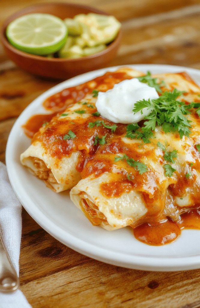 Golden-brown chicken enchiladas rolled in soft tortillas, topped with melted cheese and glossy red enchilada sauce, finished with bright cilantro and a lime wedge on a rustic plate against a warm, cozy kitchen backdrop.