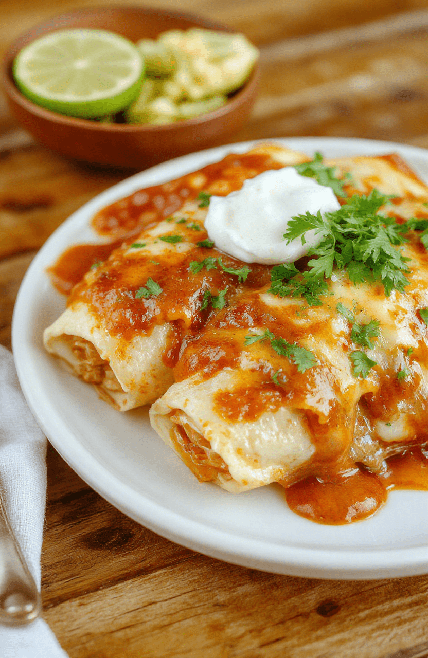 Golden-brown chicken enchiladas rolled in soft tortillas, topped with melted cheese and glossy red enchilada sauce, finished with bright cilantro and a lime wedge on a rustic plate against a warm, cozy kitchen backdrop.