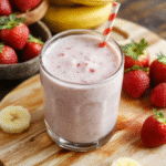 A tall glass of creamy pink smoothie sits on a light marble counter. Visible strawberry chunks and banana slices swirl through the drink, with a chia seed sprinkle on top. Fresh berries and a striped straw rest nearby on a pastel napkin, creating a bright, inviting breakfast scene.