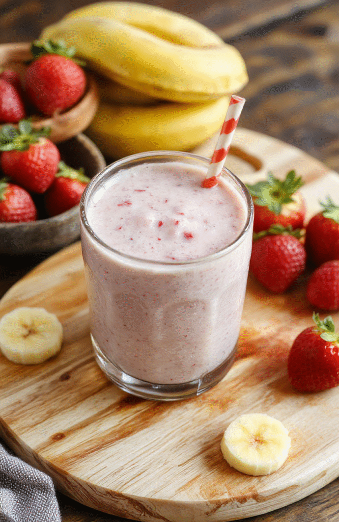 A tall glass of creamy pink smoothie sits on a light marble counter. Visible strawberry chunks and banana slices swirl through the drink, with a chia seed sprinkle on top. Fresh berries and a striped straw rest nearby on a pastel napkin, creating a bright, inviting breakfast scene.