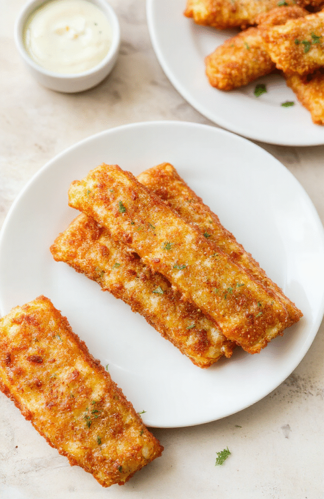 Golden, crispy mozzarella sticks with bubbly breading, plated on a white plate with a small bowl of marinara, sprinkled with parsley. The platter rests on a warm wooden table, softly lit, with the gooey cheese peeking from the crust and a hint of parmesan.