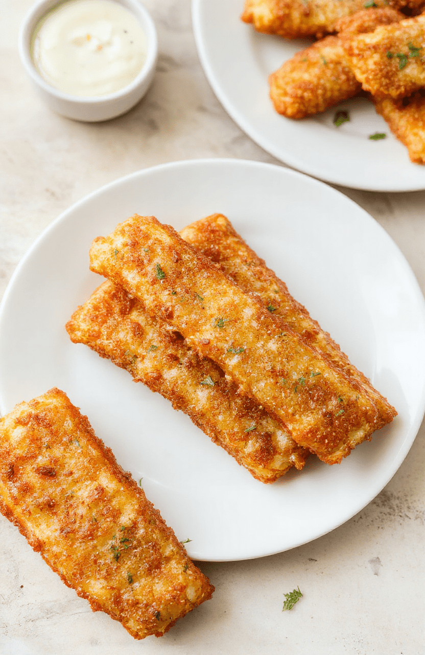 Golden, crispy mozzarella sticks with bubbly breading, plated on a white plate with a small bowl of marinara, sprinkled with parsley. The platter rests on a warm wooden table, softly lit, with the gooey cheese peeking from the crust and a hint of parmesan.