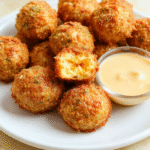 Golden-brown Crispy Air Fryer Mac and Cheese Balls arranged on a white plate, with a dipping sauce on the side. The balls show a crunchy breadcrumb crust, with creamy cheddar interior peeking through. Garnished with chopped chives and a sprinkle of paprika for color. The plate sits on a light wooden board with soft shadows and natural daylight.