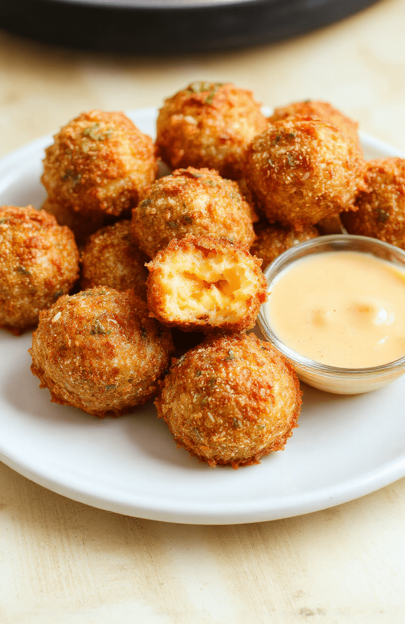 Golden-brown Crispy Air Fryer Mac and Cheese Balls arranged on a white plate, with a dipping sauce on the side. The balls show a crunchy breadcrumb crust, with creamy cheddar interior peeking through. Garnished with chopped chives and a sprinkle of paprika for color. The plate sits on a light wooden board with soft shadows and natural daylight.