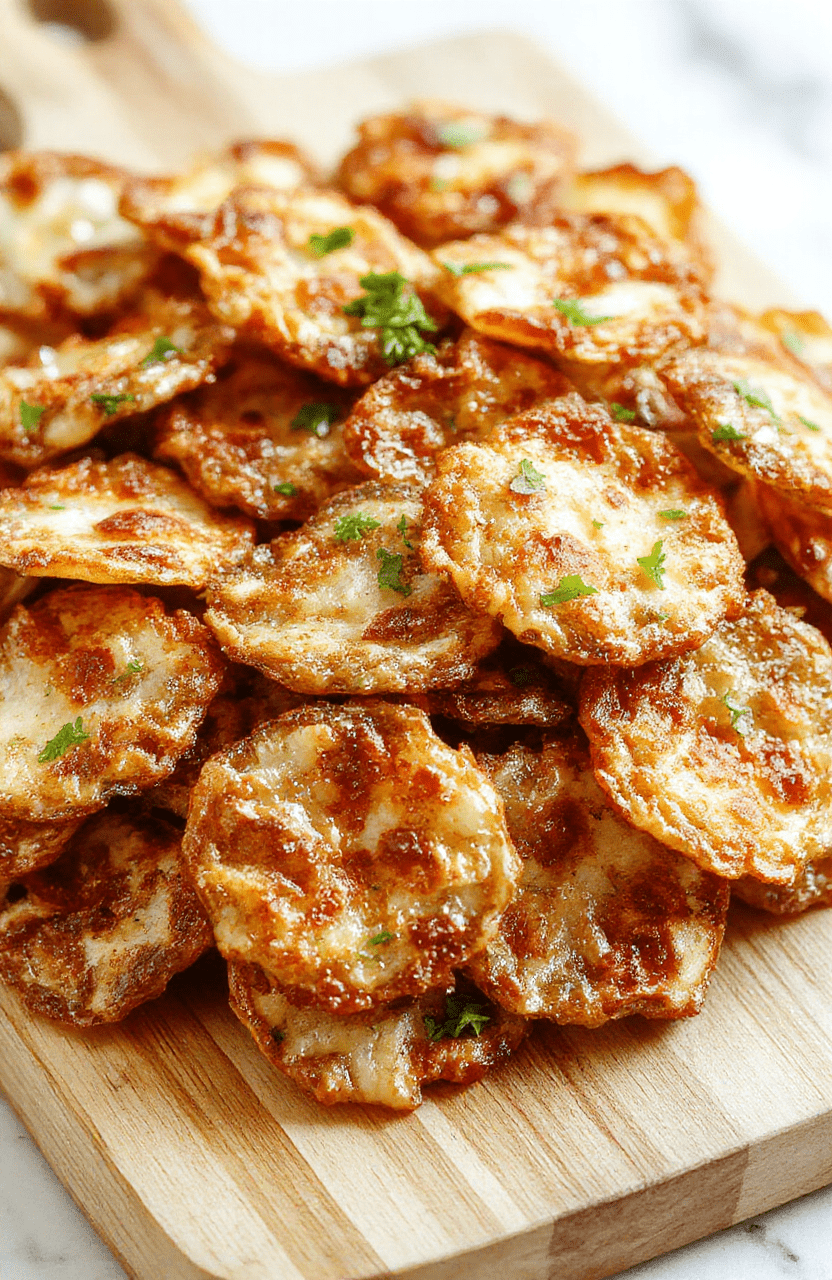 Golden, lacy rice paper chips fresh from the air fryer, arranged on a light wooden board with lime wedges, sesame seeds; the chips are crisp and translucent, with bubbly edges and a delicate crackle. A small dipping sauce and minimalist plating complete the scene, bathed in soft, natural light.