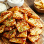 Golden-brown potato wedges tossed with garlic and parmesan, arranged on parchment on a baking sheet with parsley, a small bowl of dipping sauce, warm kitchen lighting, rustic wooden board.