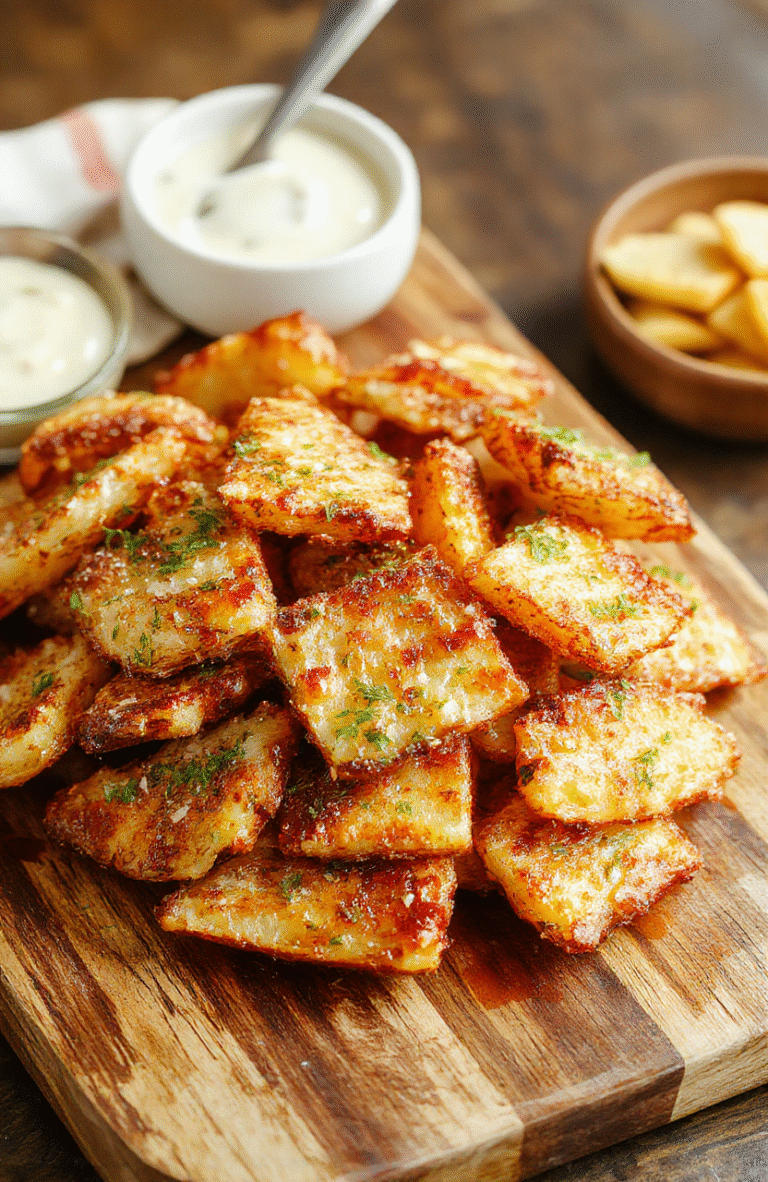 Golden-brown potato wedges tossed with garlic and parmesan, arranged on parchment on a baking sheet with parsley, a small bowl of dipping sauce, warm kitchen lighting, rustic wooden board.